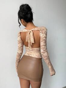 Aloruh 女士优雅V领袖透视裸色上衣，春季外出上衣，女士外出上衣，优雅性感蕾丝上衣 - 棕色 - 查看 7