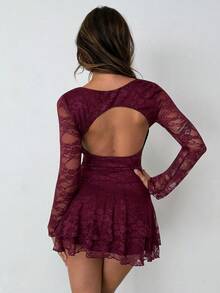 Aloruh Women's Elegant Burgundy Lace Mini Dress, Long Sleeve Open Back Cake Dress For Autumn Date Night,Luxurious Party Valentine's Day Outfit - Burgundy - View 7