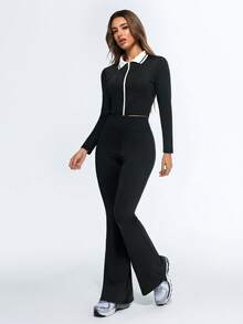 Eassivo Eassivo Damen Farbblock Kragen Raglanärmel Crop Reißverschluss Sport Set - Schwarz - Übersicht 5