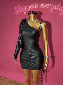 Slaydiva 2025 Autumn/Winter New Year, Valentine's Day, Party, Banquet, Date, Birthday Party, College Style, Student Wear, Daily Casual, Basic Versatile, Leisure, Cruise Travel, Viral Sensation, Elegant Romantic Sexy Party, Sexy Women's Club Sexy Black PU Asymmetric Collar, Asymmetric-Shoulder, Side Seam Eyelet Tape, Ruched, Tie-Up, Mini Dress, Club Mini Dress, Autumn/Winter Dress, Women's Dress - Black - View 5