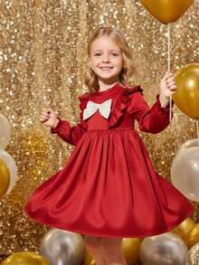 SHEIN 女童优雅红色格子拼接蝴蝶结装饰长袖荷叶边宽松连衣裙，适合圣诞节、秋冬季、派对、上学、日常休闲穿着 - 紅色 - 查看 6