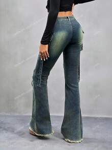 Jeanoix Women's Casual Flared Jeans With Side Cargo Pockets - Dark Wash - View 2