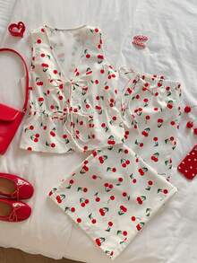 Comfortcana 女士休闲樱桃印花系带上衣和短裤两件套，夏季 - 彩色 - 查看 4