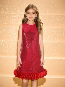 少女浪漫优雅奢华酒红色圆领蝴蝶结亮片中长款派对礼服，适合晚宴、婚礼、花童、舞会、生日、圣诞节、新年等场合。 - 紅色 - 查看 1