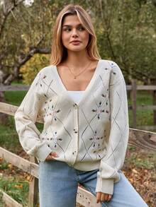 EURMUSE Áo khoác len cardigan Pointelle màu ngà thêu hoa pastel và họa tiết kim cương - Màu be - Xem 4