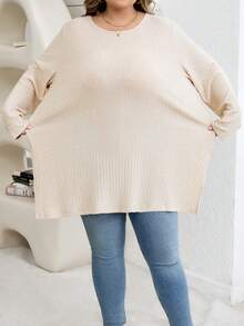 SHEIN CURVE+ Plus Size Pit Stripe Slit Long Sleeved T-Shirt - Apricot - View 4
