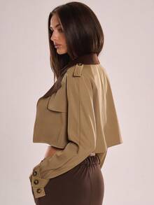 Avenya Elegant Shades Of Brown Autumn Color Block Lapel Cropped Windbreaker Jacket,Fashionable Office Patchwork Short Buckle Suit Top,Y2K Goddess Style - Brown - View 5