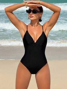 Swim Vcay Summer Beach Vacation Sexy Solid Color Backless Simple Strap One-Piece Swimsuit - Black - View 4