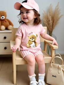 2件套女婴可爱小熊印花粉色圆领短袖T恤+格子印花短裤套装，适合夏季外出 - 彩色 - 查看 7