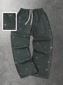 ROMWE MEN Street Life Men's Drawstring Waist Straight Leg Sweatpants With Street Style American English Rhinestone Print - Dark Grey - View 3
