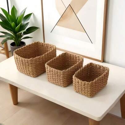1/3件套编织收纳篮套装，驼色，桌面收纳，可放置化妆品、杂物、浴室台面、客厅等家居装饰，波西米亚农舍风格