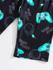 SHEIN Bộ 2 món/Bộ đồ ngủ tay cầm chơi game neon tối giản cổ tròn tay ngắn họa tiết đồ họa cho bé trai tuổi teen, thoải mái, thân thiện với làn da, giản dị, phong cách sinh viên, đa năng, vải mềm, thích hợp mặc hàng ngày, ở nhà, ngày lễ, xuân/hè - màu đen - Xem 7