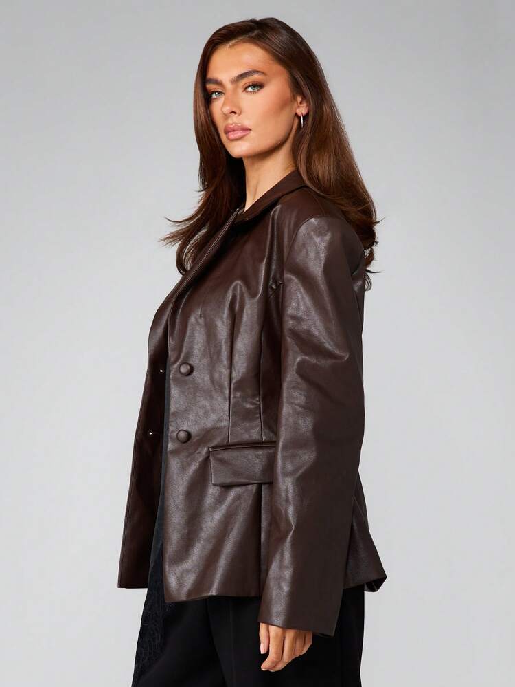 MISSGUIDED Blazer in pelle a doppio petto con colletto a risvolto e chiusura con bottoni, adatto per l'ufficio