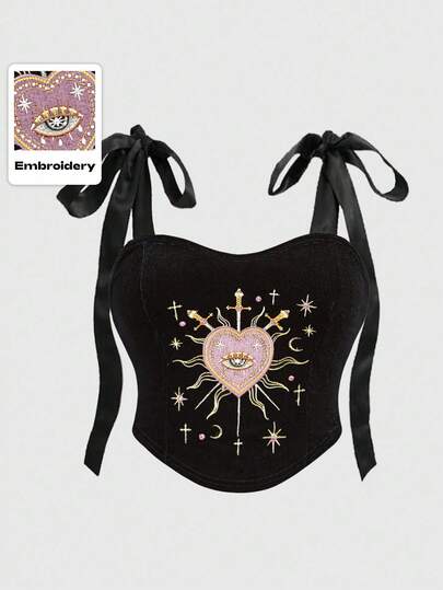 Débardeur court style Lolita gothique grande taille avec cœur brodé, strass, cristal, décor étoile en forme de larme et encolure carrée avec laçage