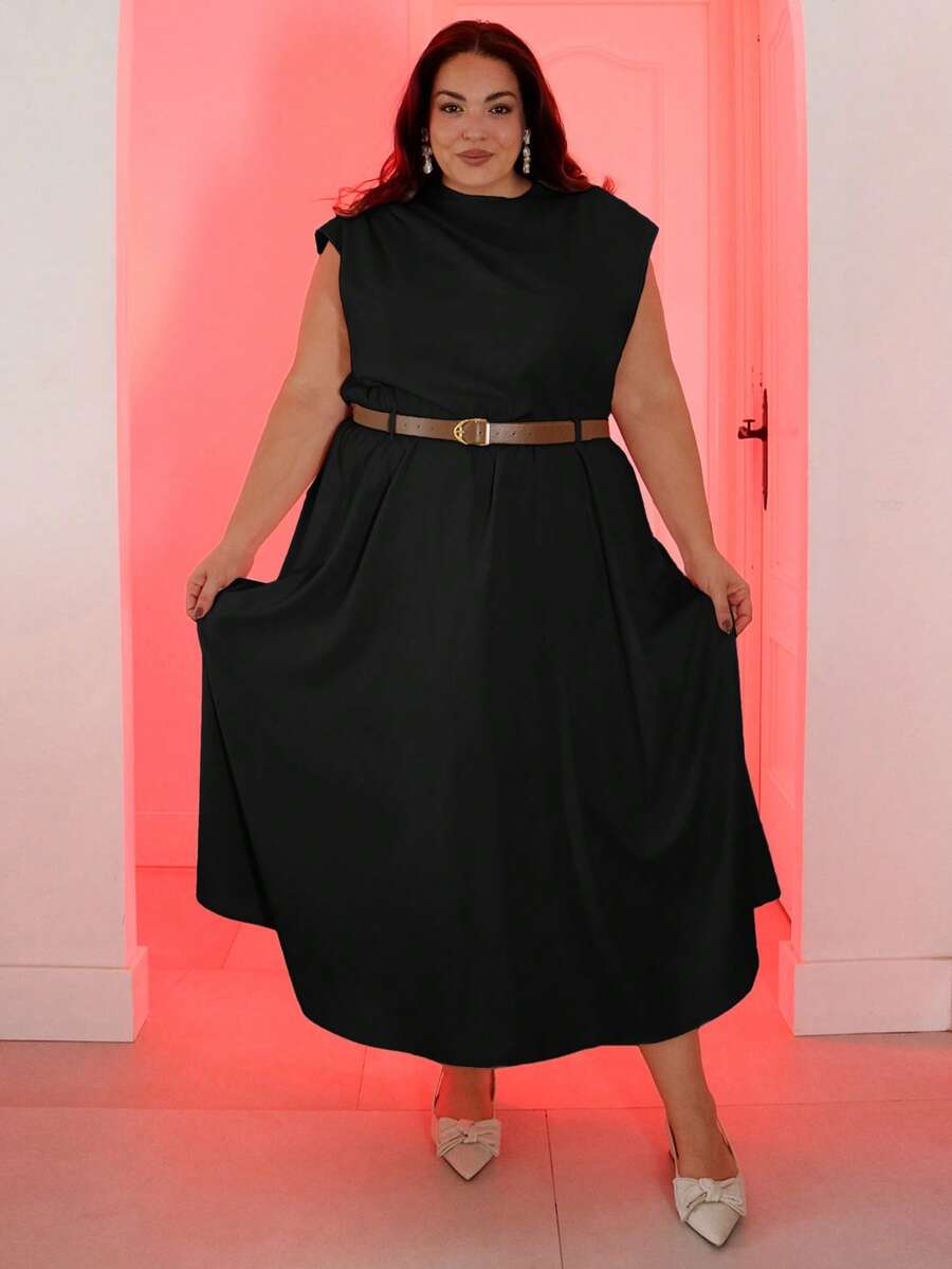 Pretty and Ole Váy không tay màu trơn cỡ lớn cho nữ, váy công sở thanh lịch (có thắt lưng) - màu đen - Xem 1