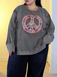 Pretty and Ole Sweat-shirt ample décontracté avec broderie florale, fente ouverte, épaules tombantes, automne, grande taille