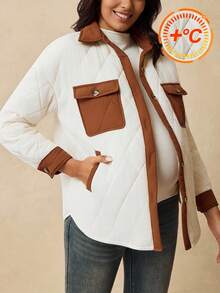 Boho Mama Maternity Casual Button-Up Quilted Padded Coat, Autumn/Winter  Brown  Winter Jacket For Women