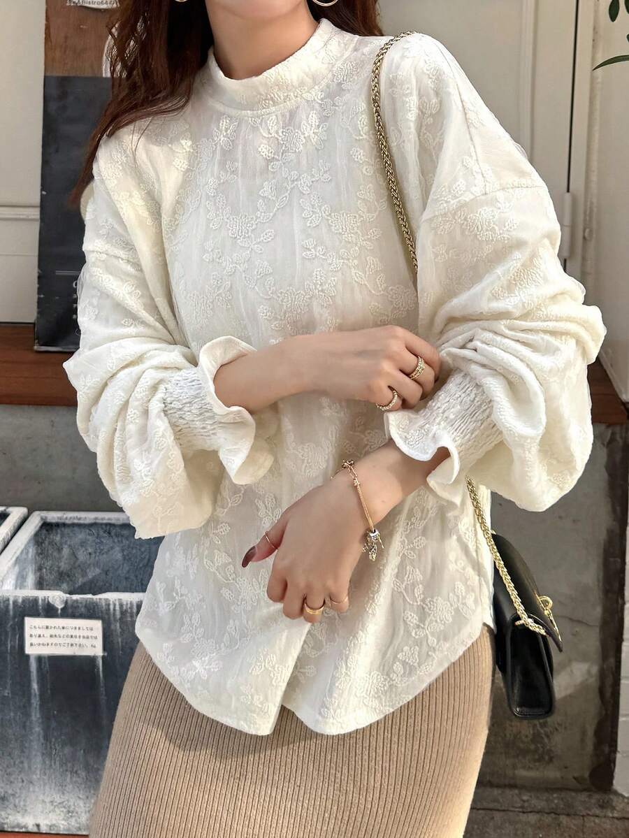 FRIFUL 女款素色蕾絲布料高領長袖襯衫 - 米色 - 查看 1