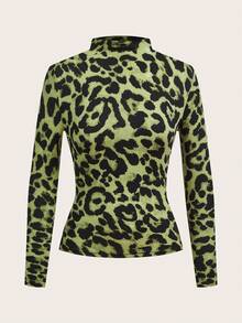 SHEIN LUNE 3pcs/Set Solid Color & Leopard Print Basic Tight Fit T-Shirts, Casual Autumn/Winter Layering,Graphic Tees - Green - View 5
