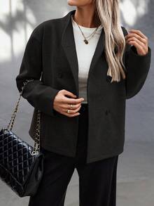 Easura Plus Size European And American New Arrival Solid Color Vintage Double-Breasted Overcoat, V-Neck Commuter Women's Clothing, Overcoat Winter Fall Autumn Brown Jacket Cropped Jacket