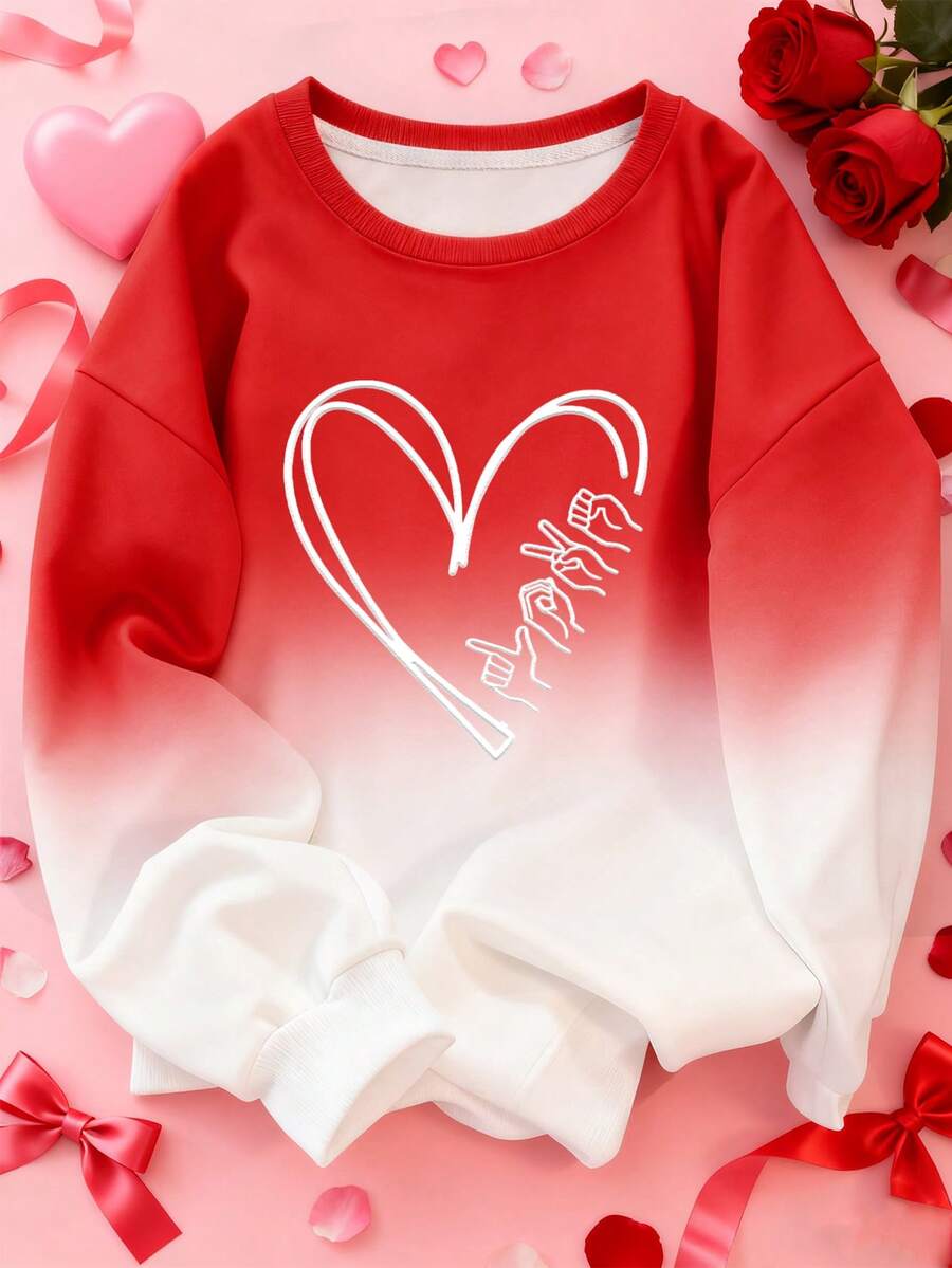 SHEIN Áo nỉ cổ tròn dài tay in hình trái tim ombre dành cho nữ - Đỏ - Xem 1