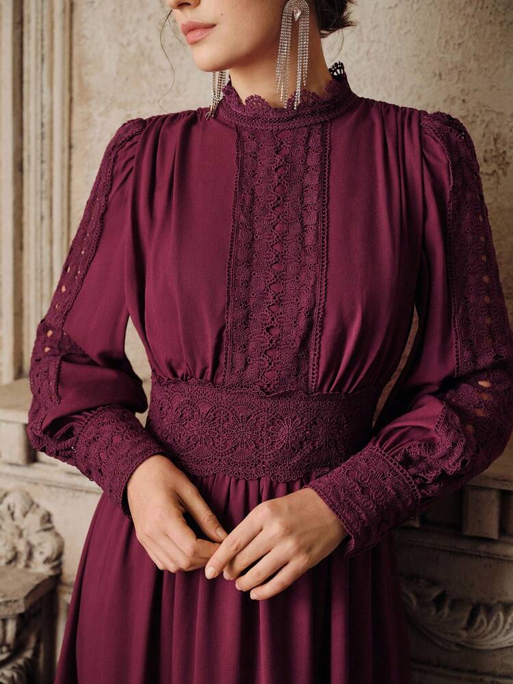 Elegant French Style Burgundy Red Dress, Waist Cinched, Slim Fit, Hollow-Out Lace Patchwork, Flared Dress For Women