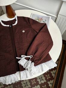 Franclia Vintage Lace Embroidered Bowknot Patchwork Round Neck Casual Jacket, Suitable For Autumn/Winter - Red - View 6
