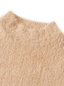 Ellevyn Conjunto de moda cómodo de top de manga larga con cuello alto de unicolor y minifalda de felpa, otoño/invierno - Caqui - Ver 5