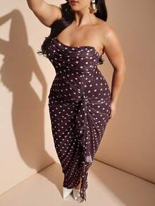 SHEIN BAE 大码女式秋冬波点无肩带连衣裙，荷叶边下摆开衩 - 棕色 - 查看 8