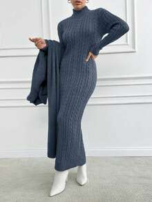 EURMUSE 1 Set Elegant Solid Color Stand Collar Fitted Long Sleeve Sweater Dress And Long Sleeve Cardigan Sweater Set - Dusty Blue - View 5
