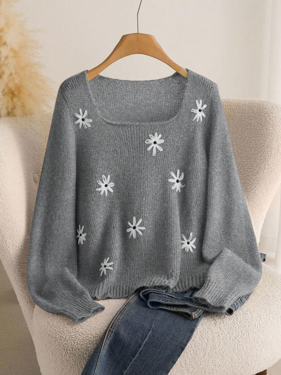 CosyJoli Plus Size Women Floral Embroidery Crew Neck Loose Fit Long Sleeve Sweater Casual - Grey - View 1