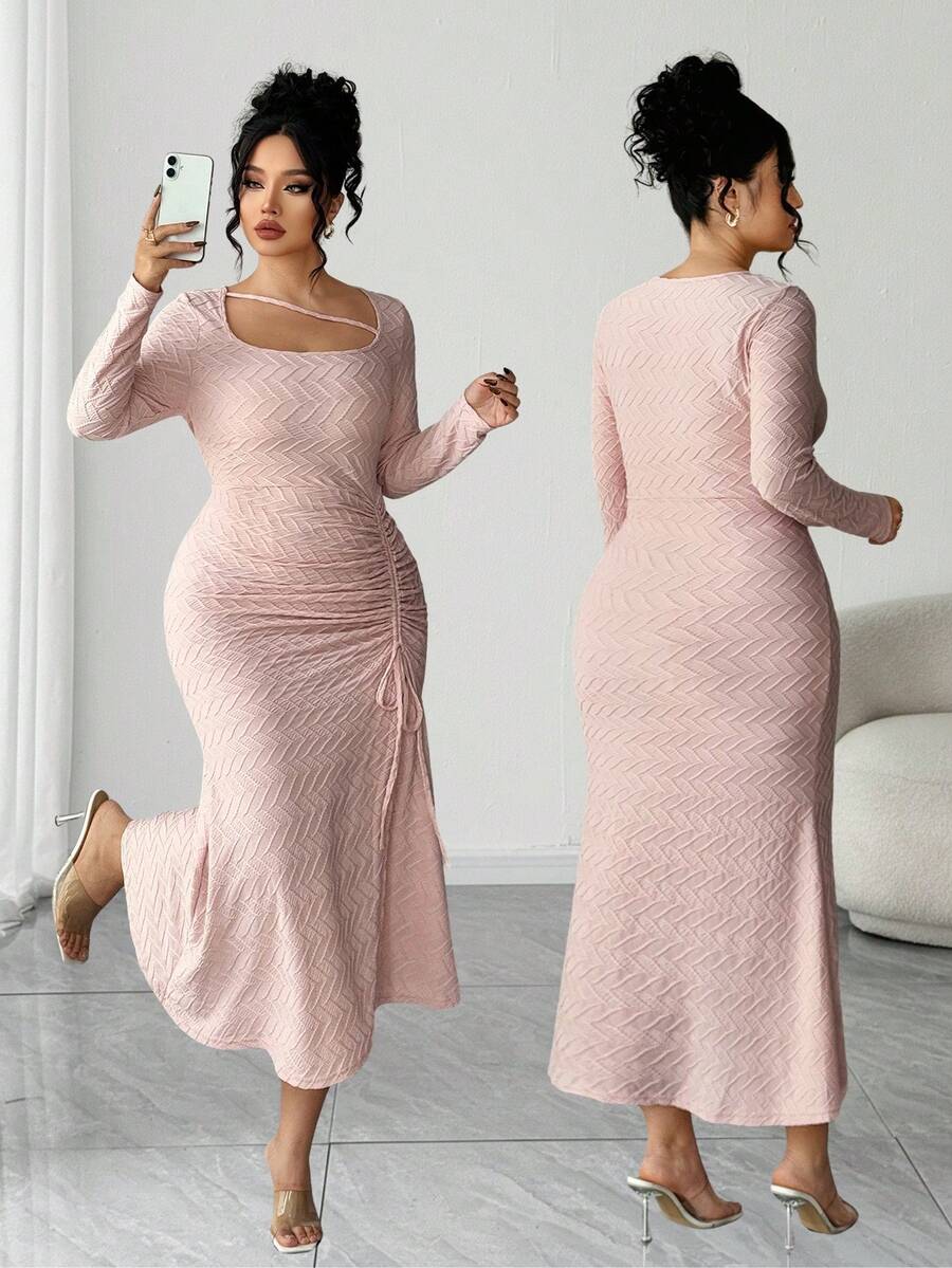 Elenzga 大码长袖纹理下摆开衩连衣裙 - 粉色 - 查看 1