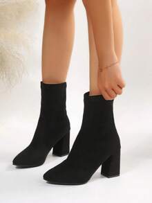 Botines de mujer diseño cómodo punta fina sin cordones tacón grueso estilo moderno otoño invierno oficina casual botines negros - Negro - Ver 1