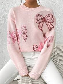 EMERY ROSE Crew Neck Pullover Autumn/Winter Top, Pink Butterfly Beaded Embroidery Sweater - Pink - View 6