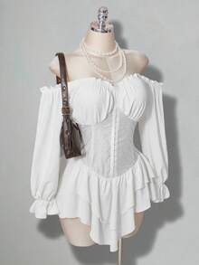 SHEIN ICON 大码女式喇叭袖白色迷你连衣裙 - 白色 - 查看 6