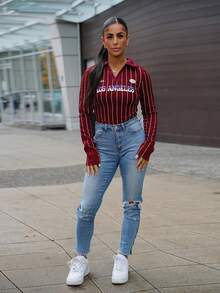 SAYEHFBABY 女士秋季音乐会狂欢节外出街头服饰 Y2K 复古图案酒红色翻领长袖 T 恤 - 酒紅色 - 查看 1