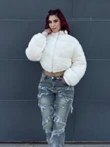 Bearsaez Jaket Puffer Pendek Kasual Wanita Warna Polos Bahan Bulu Imitasi, Musim Dingin - Krem - View 4