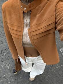 SHEIN Unity Women's Lemon Yellow Casual PU Leather Motorcycle Jacket - Mocha Brown - View 5