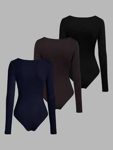Sweetra 3pcs/Set Women's Long Sleeve Bodysuit In Apricot, Coffee Brown, Black, Slim Fit Minimalist Commuter Versatile - Multicolor - View 2