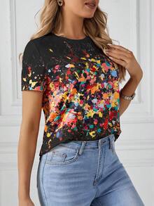 SHEIN LUNE Round Neck Ink-Splattered Print Short Sleeve T-Shirt Graphic Tees Women Tops - Black - View 3