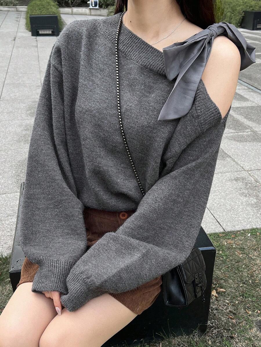 FRIFUL Áo len dài tay thắt nơ vai màu tương phản, dáng rộng, thường ngày, đa năng, mùa thu cho nữ - Màu xám đen - Xem 1