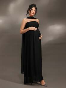 Cheriluna Maternity Váy bầu trễ vai trơn màu, họa tiết bèo nhún thanh lịch, không tay cho tiệc mừng em bé, tiệc Giáng sinh - màu đen - Xem 4