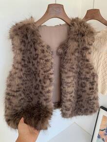 Comfortcana Autumn And Winter New Fashion Chic Women's Brown Leopard Print Front Open Faux Fur Vest - Multicolor - View 6