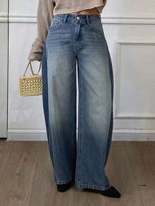 DAZY 女士复古做旧筒状牛仔裤，秋冬季 Y2K 款式 - 藍色 - 查看 5