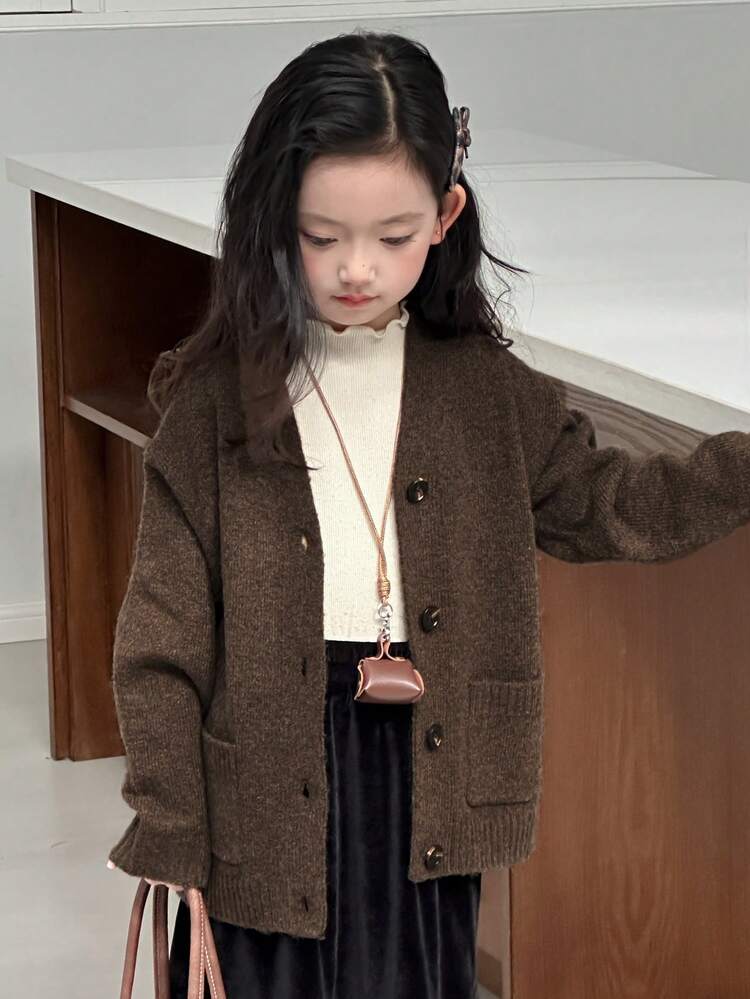 Young Girl Solid Color Drop Shoulder Long Sleeve Casual Knit Cardigan, Autumn/Winter