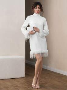 CLARA VERO Women All White Rhinestone Detailed Long Sleeve Feather Detailed Dress - White - View 1
