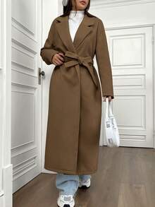 Flirla Áo khoác ngoài cổ ve lật tay dài màu trơn dành cho nữ, Thu/Đông - Cà phê nâu - Xem 4