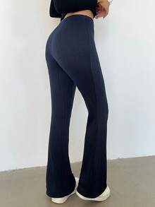 Flirla Women's Autumn/Winter Cable Knit Texture Navy Blue Flared Leggings - Navy Blue - View 2