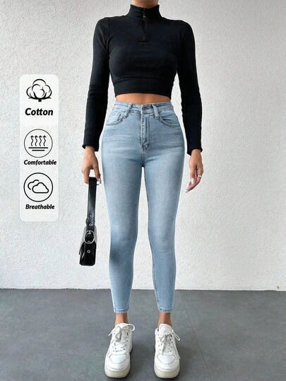 EURMUSE Damen Leichte Farbe Lässig 97% Baumwolle Slim Fit Jeans