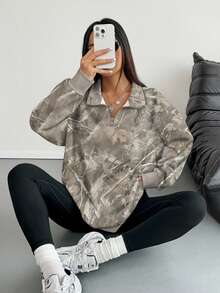 INAWLY Hanorac pentru femei, mărimi mari/Bluză sport, casual, cu guler rotund, cu fermoar pe jumătate/Imprimeu cu frunze pe toată suprafața/Imprimeu digital/Bluză sport foarte lejeră pentru femei, mărimi mari/Stil de toamnă/iarnă
